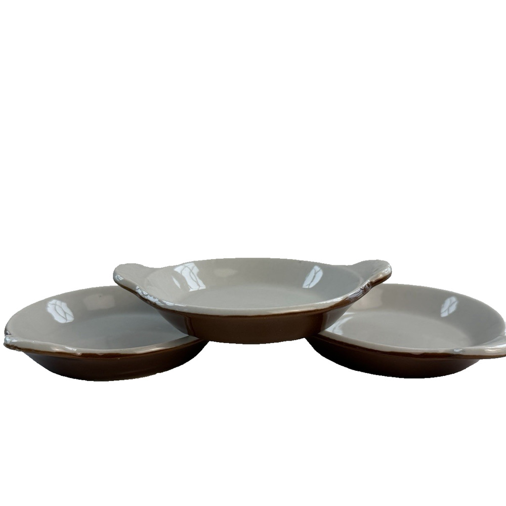 Vintage HALL Set of 3 Au Gratin Baking Dishes Oval Brown White 6" w/ Handles USA